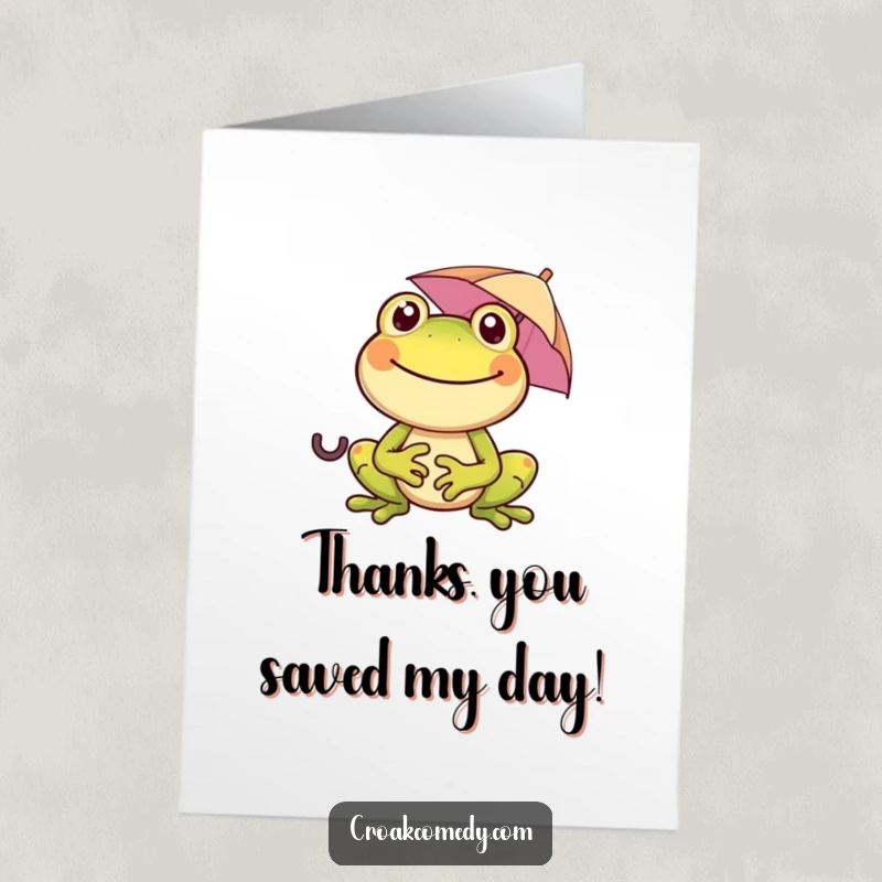 Funny Free Printable Thank You Card: A happy frog holding a mini umbrella, offering thanks with a big, infectious grin.