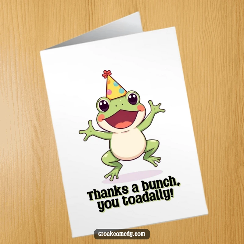 Funny Free Printable Thank You Card: A cute frog in a party hat hops, ready to deliver a downloadable gift of thanks.