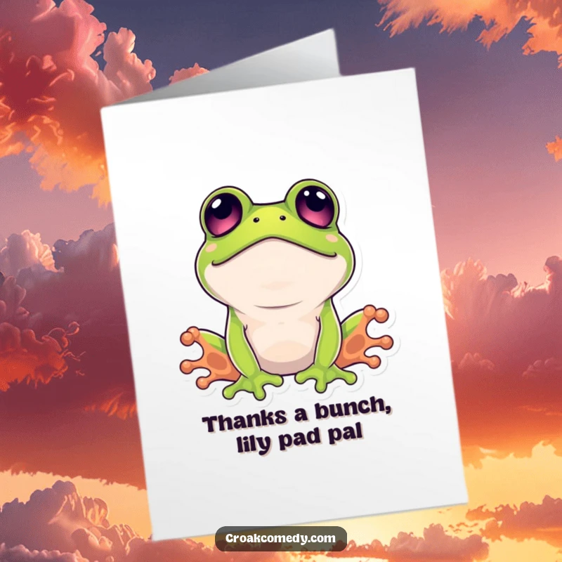 Funny Free Printable Thank You Card featuring a frog with wide eyes looking up, expressing surprised gratitude.