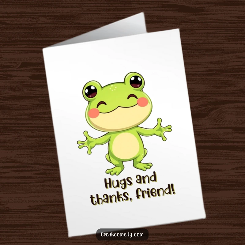Funny Free Printable Thank You Card: Jubilant frog with arms open, ready to give a thankful hug.