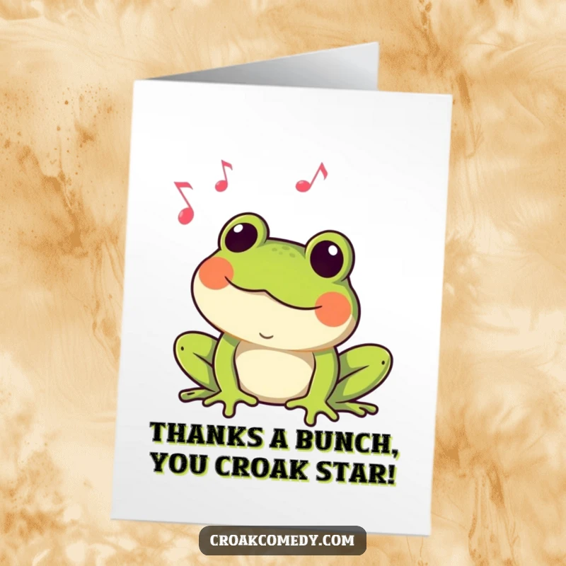 Funny Free Printable Thank You Card depicting a happy frog croaking with musical notes symbolizing its thanks.