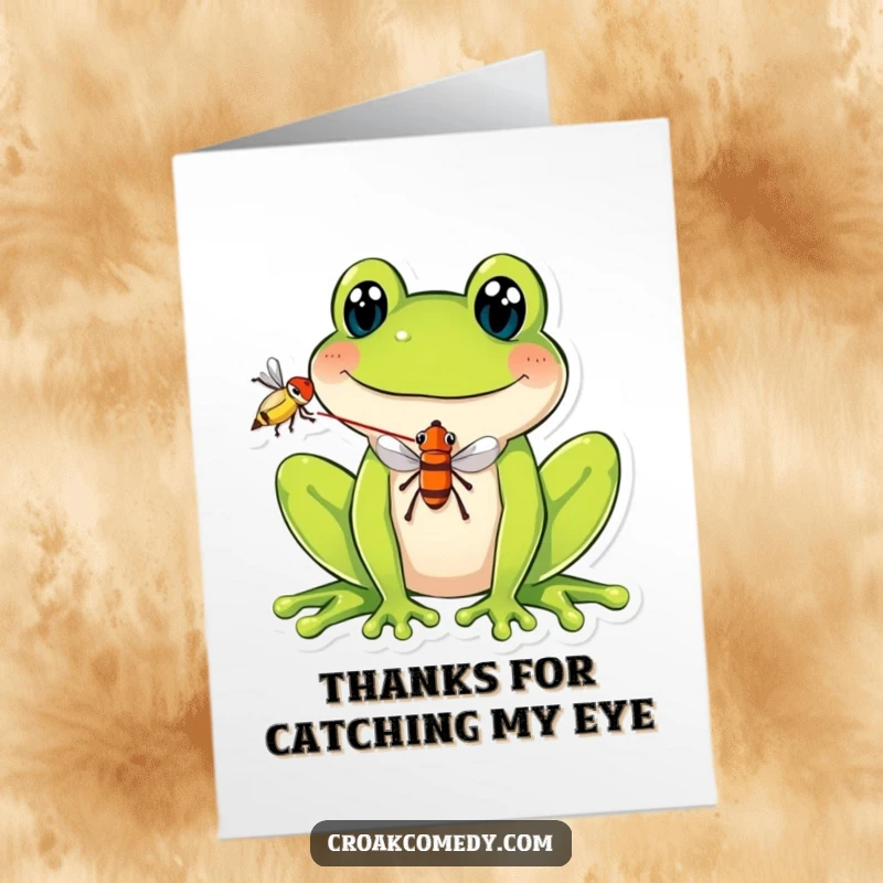 Funny Free Printable Thank You Card: A happy frog with a delighted smile balances a fly on its tongue.