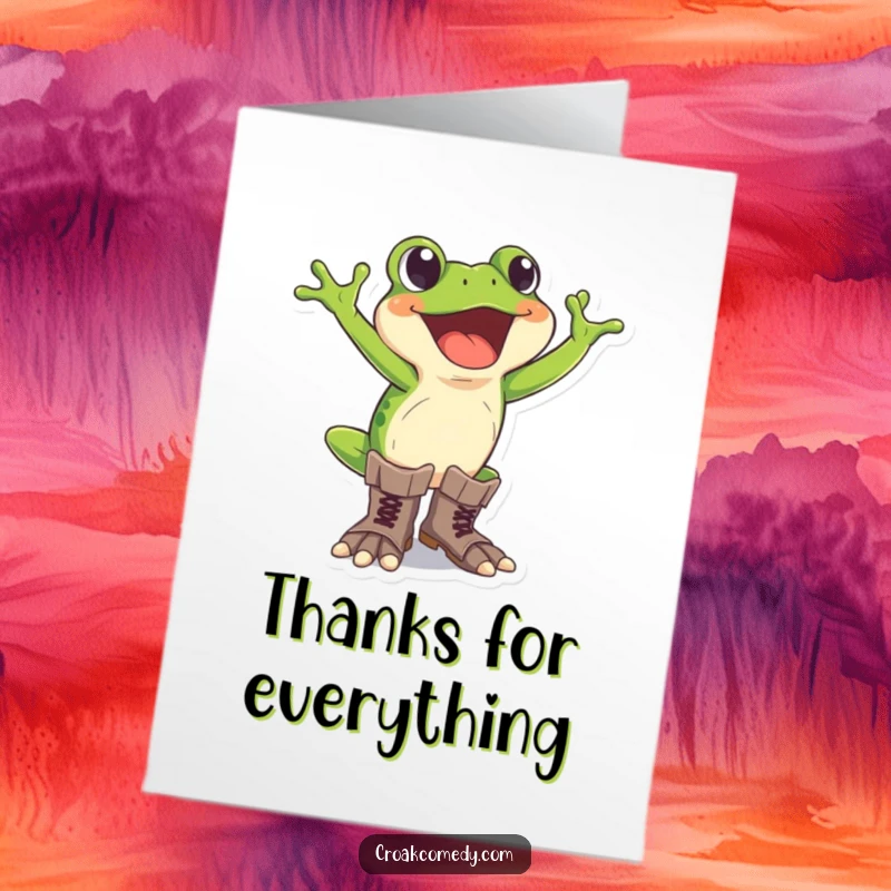 Funny Free Printable Thank You Card: Excited frog wearing oversized boots, sending thankful steps.