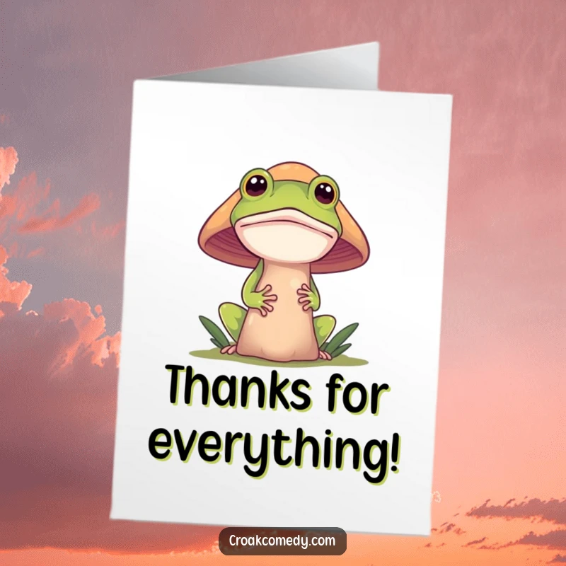 Funny Free Printable Thank You Card with a curious frog peeking from behind a mushroom, expressing thanks mysteriously.