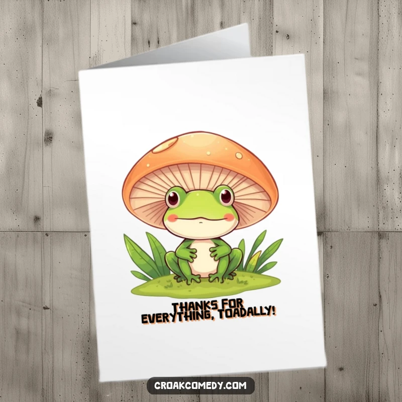 Funny free printable thank you card: a smiling frog peeking from behind a mushroom, conveying sincere appreciation.