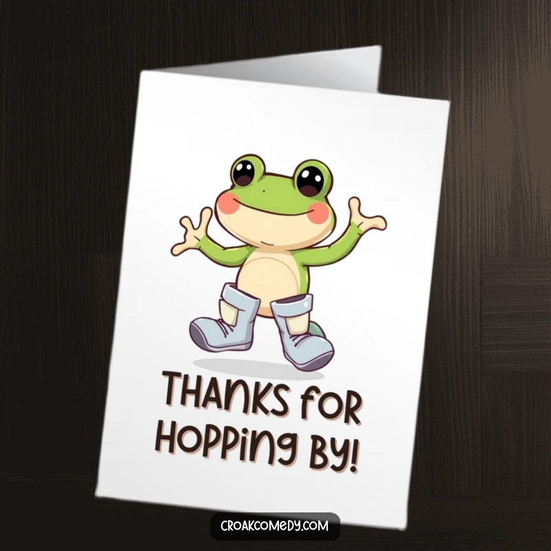 Funny Free Printable Thank You Card: A joyful frog wearing oversized boots, hopping with appreciation and a big smile.