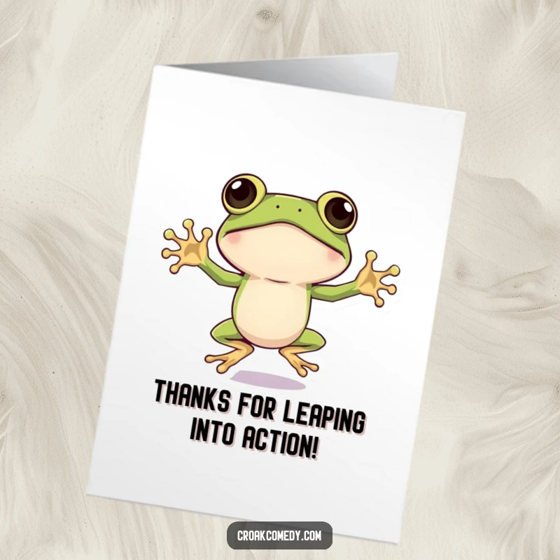 Funny Free Printable Thank You Card: A frog with big eyes does a jumping jack, a downloadable gift of energetic thanks.