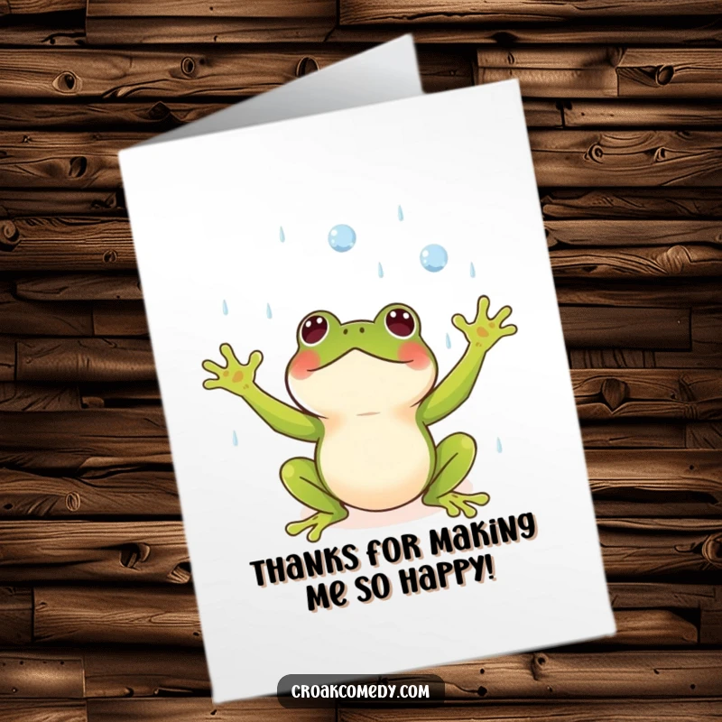 Funny Free Printable Thank You Card: Small frog with arms outstretched, catching raindrops with delight, a unique thank you.
