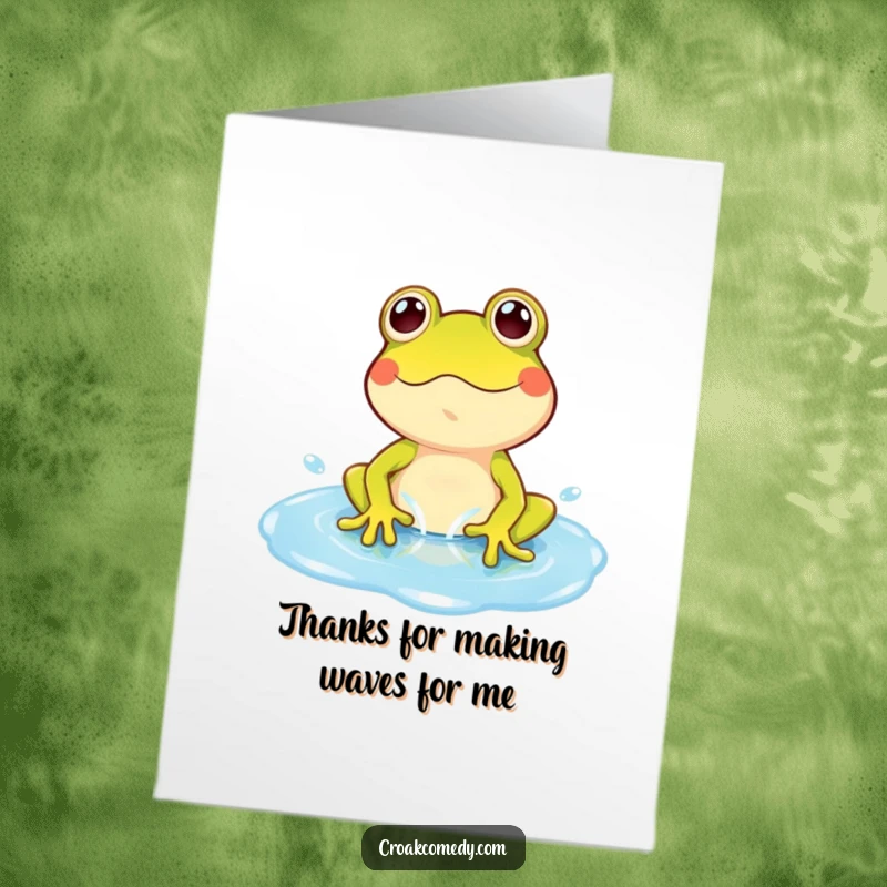 Funny Free Printable Thank You Card: A cartoon frog enthusiastically splashing in a blue puddle, conveying thanks with playful energy.