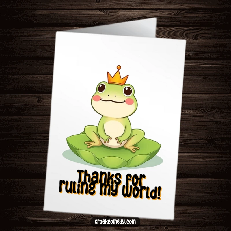 Funny Free Printable Thank You Card: A cheerful frog with a crown rides a lily pad, a downloadable gift of thanks.