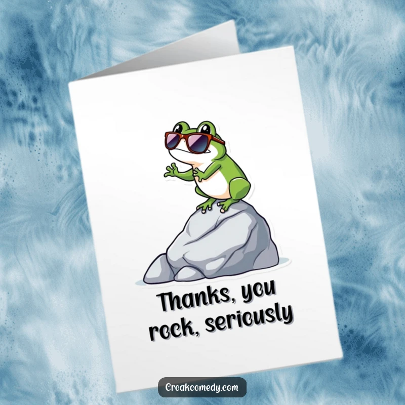 Funny Free Printable Thank You Card: A frog with dark sunglasses, perfectly balanced on a rock, radiating coolness.