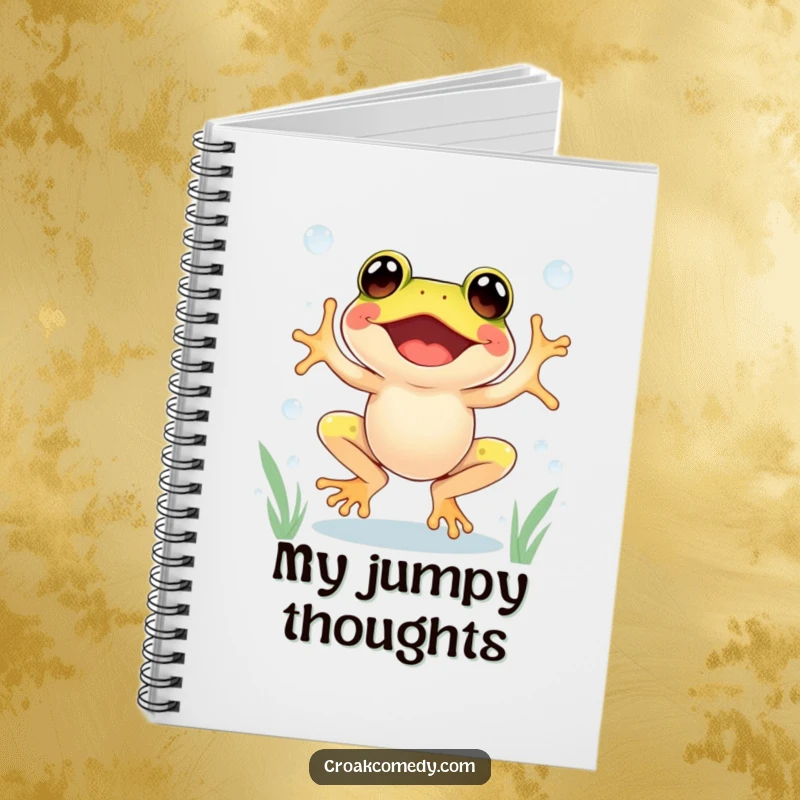 Funny Frog Notebook with an excited frog jumping between dewdrops, perfect for capturing energetic thoughts.