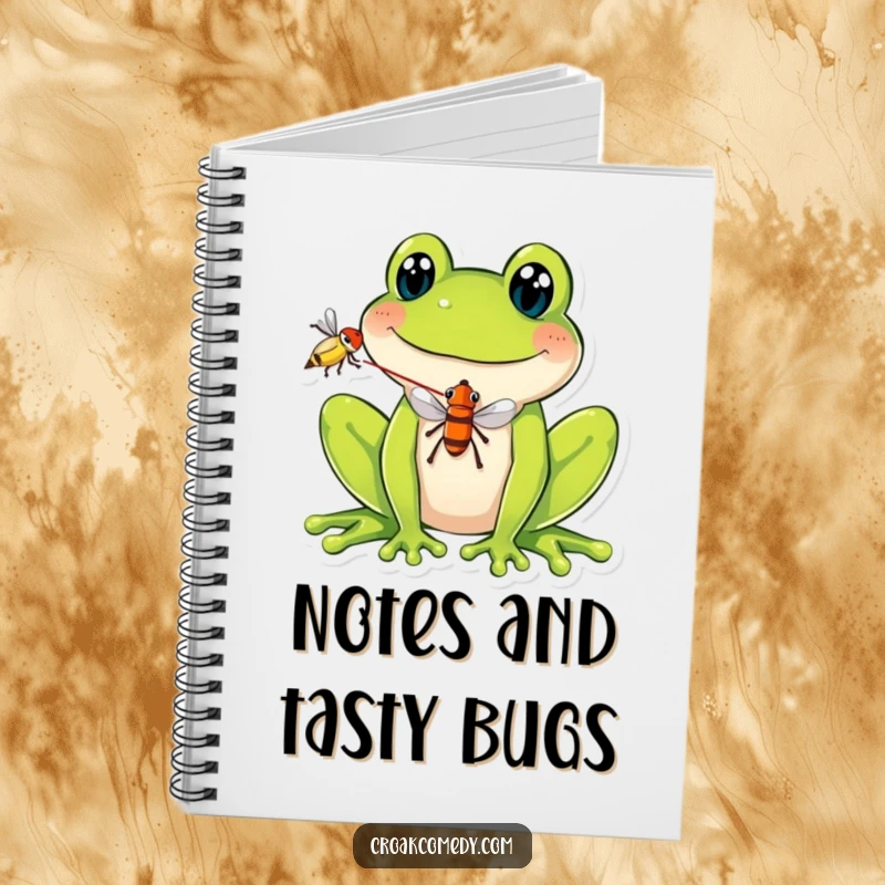 Funny Notebook featuring a smiling frog balancing a fly on its tongue, perfect for jotting down ideas with a humorous and quirky touch.