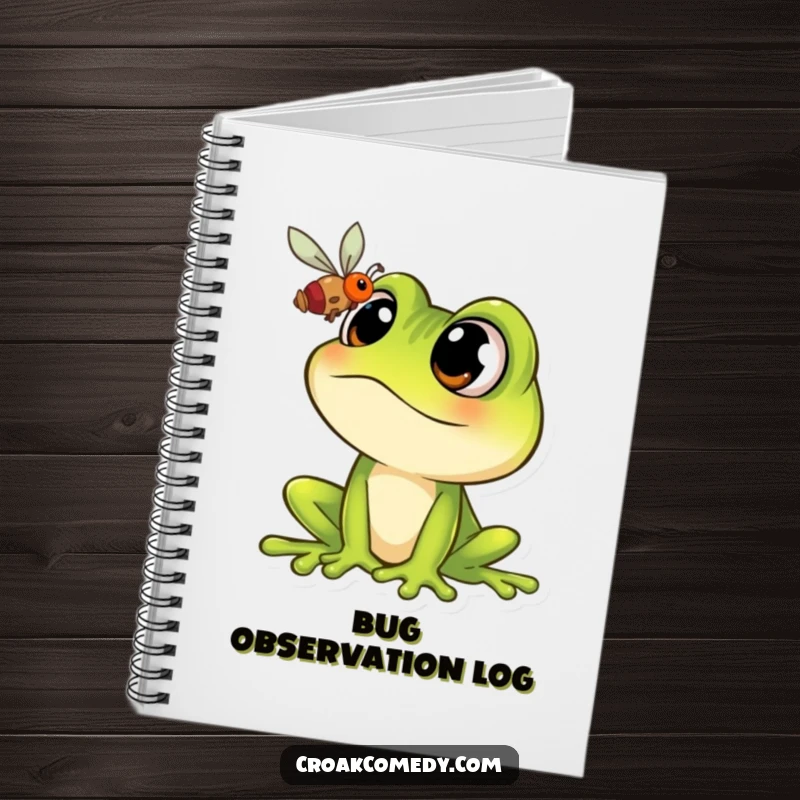 Funny Frog Notebook: Cartoon frog with wide, intent eyes captivated by a fly, perfect for jotting notes humorously.