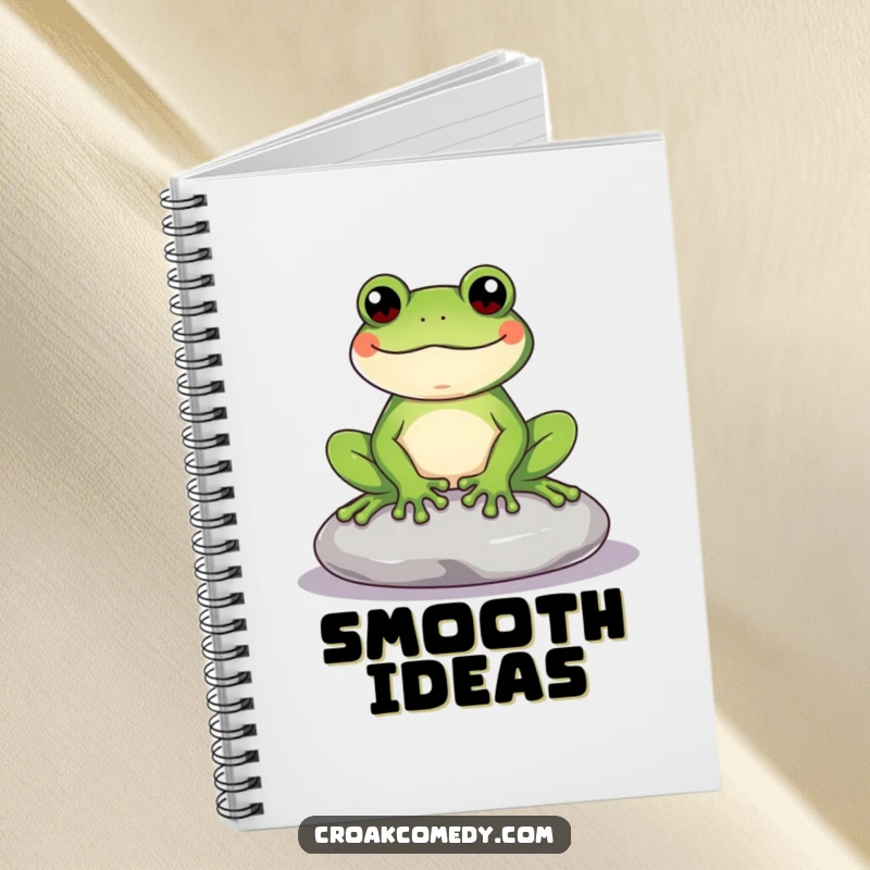 Funny Frog Notebook with a content frog sitting on a stone, perfect for jotting down notes and creative ideas with a humorous, peaceful vibe.