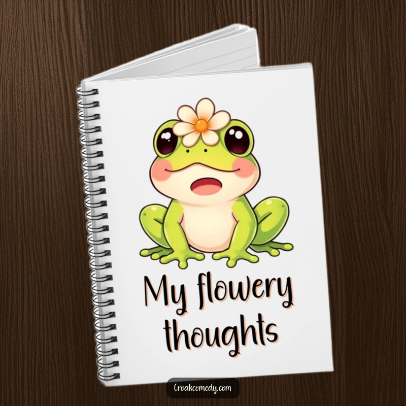 Funny notebook cover featuring a happy frog with a flower on its head, joyfully croaking.