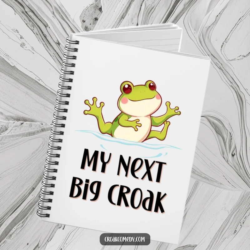 Funny frog notebook, a happy frog kicking its legs, swimming across the cover, inspiring creativity and lightheartedness.