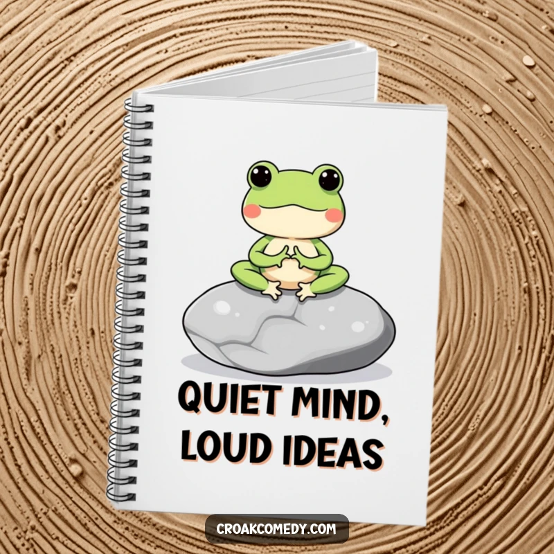 Funny notebook cover featuring a meditating frog on a smooth stone, inspiring calm thoughts and organized writing.