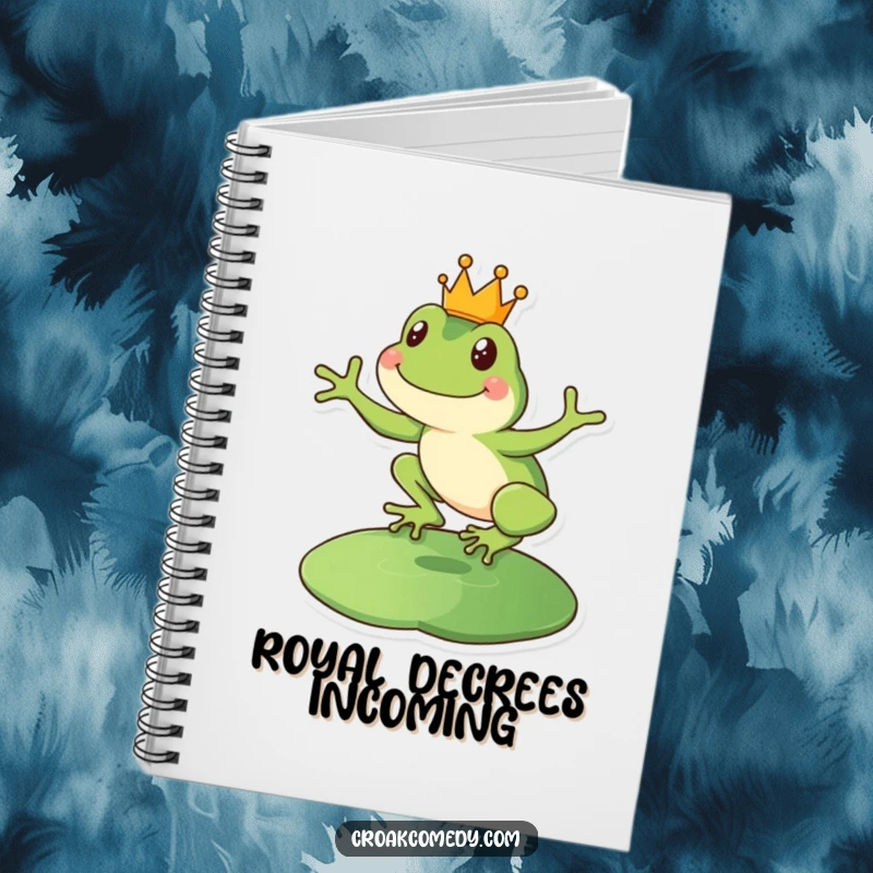 Funny happy frog notebook featuring a crowned amphibian leaping onto a lily pad, ideal for jotting royal plans.