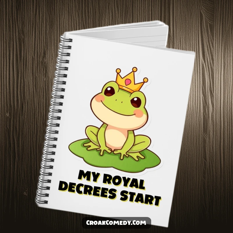 Funny notebook cover featuring a happy frog wearing a crown on a lily pad, inspiring regal thoughts and organized writing.