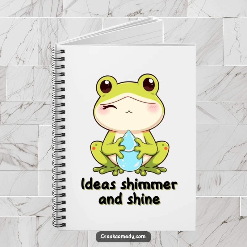 Funny notebook cover featuring a winking frog character holding a dewdrop, inspiring playful thoughts and organized notes.