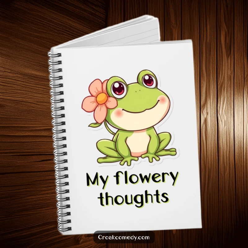 Funny happy frog notebook featuring a smiling amphibian with a flower behind its ear, ideal for jotting happy notes.
