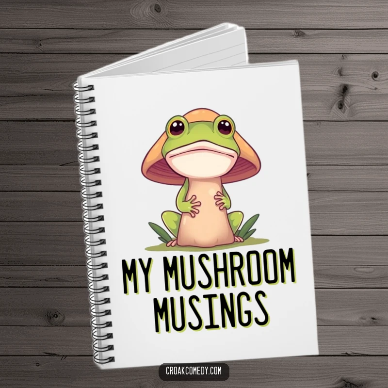 Funny frog notebook, a curious frog peeking from behind a mushroom, making it a charming and fun place for notes.