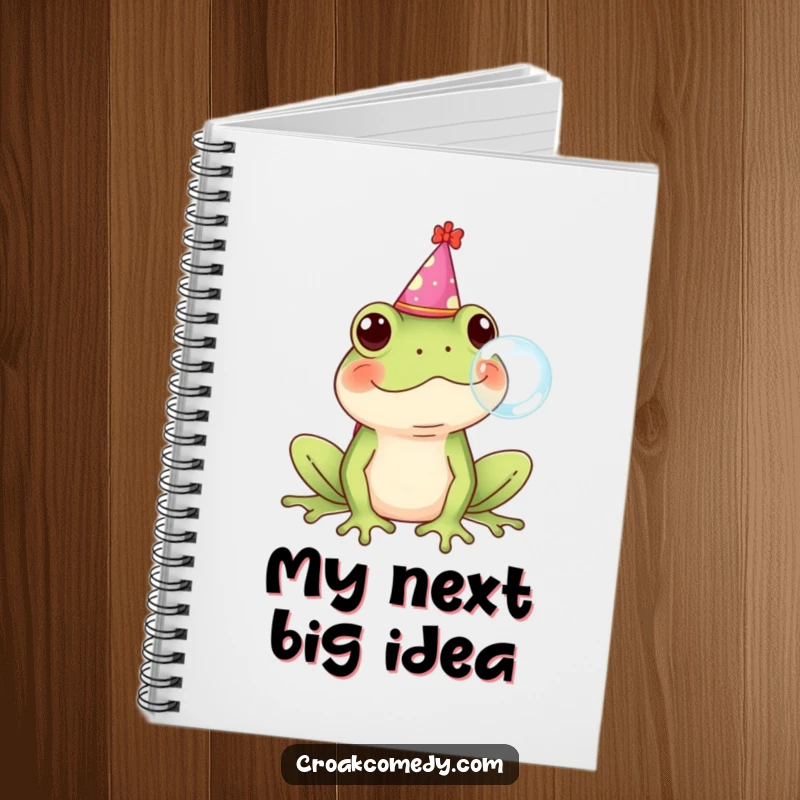 Funny Frog Notebook with a frog wearing a party hat, blowing a bubble, ready for notes.