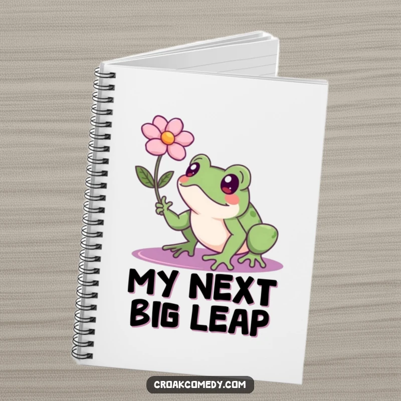 Funny frog with a determined face reaching for a floating flower, a humorous notebook for planning goals and achievements.
