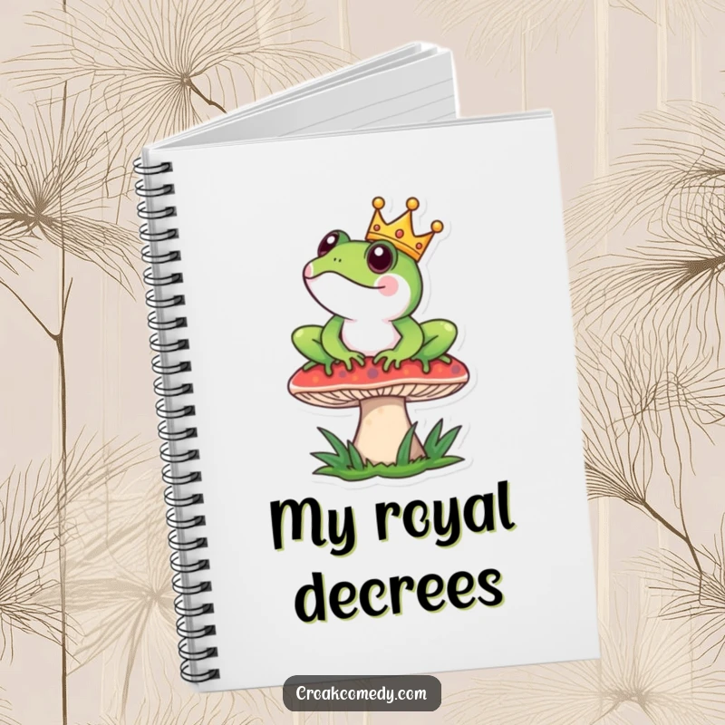 Funny Notebook: Frog with crown sits regally on a mushroom, perfect for jotting down royal ideas.