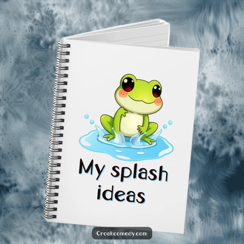 Funny Notebook with a playful frog character splashing in a bright blue puddle, ideal for notes.