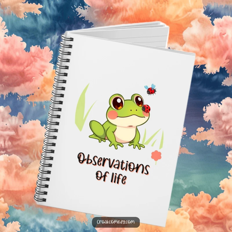 Funny notebook cover with a frog possessing wide, innocent eyes watching a ladybug, ideal for journaling and creative writing.