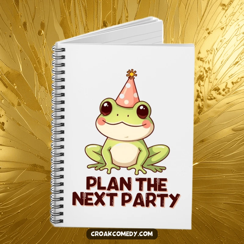 Funny Notebook featuring a happy frog wearing a tiny party hat, perfect for jotting down ideas with a festive and humorous touch.