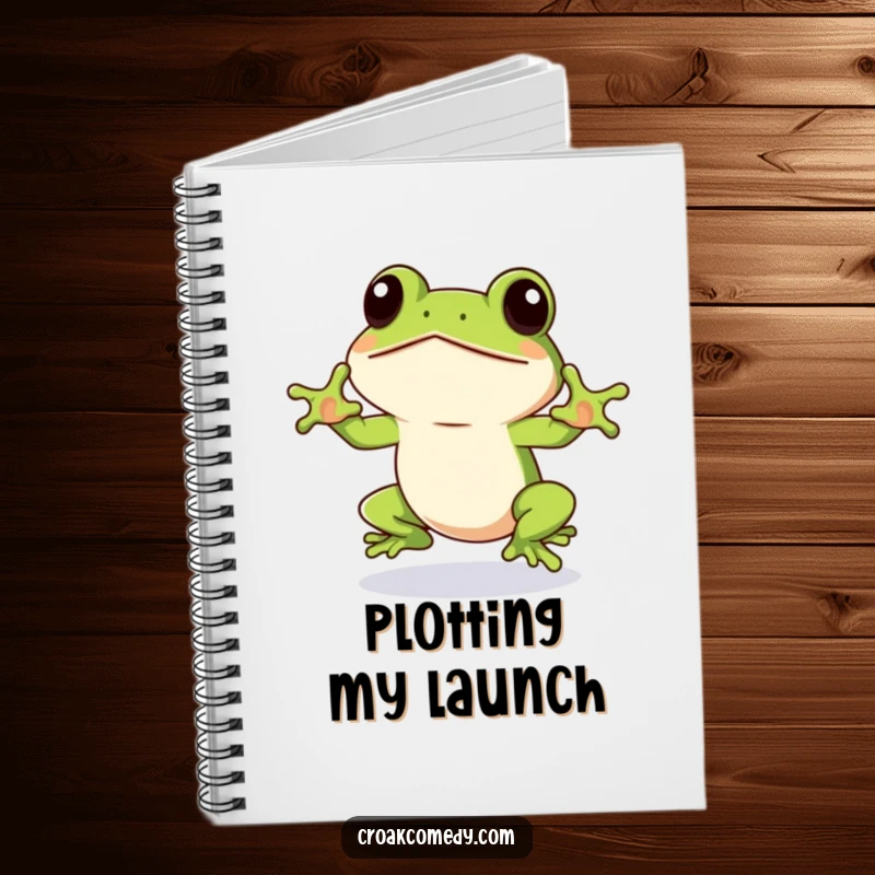 Funny Frog Notebook showing an eager frog winking, ready to leap, ideal for writing down plans and ideas with a humorous, motivational flair.