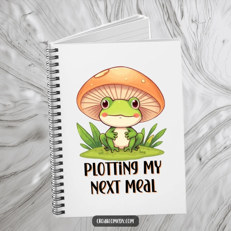 Funny Frog Notebook with a frog peeking with a smile from behind a mushroom, perfect for journaling.