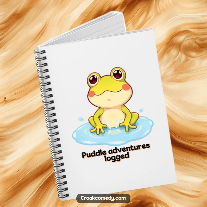 Funny Frog Notebook: A playful frog character splashing happily in a blue puddle, ideal for jotting down cheerful notes.