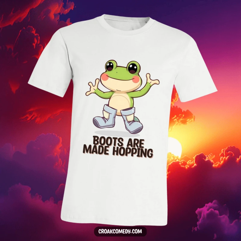 Funny frog t-shirt, oversized boots, joyful hopping, happy amphibian graphic, nature lover apparel, cute cartoon design.