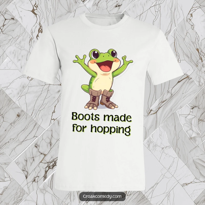 Funny excited frog t-shirt featuring a frog wearing comically large boots, ready for a humorous adventure.