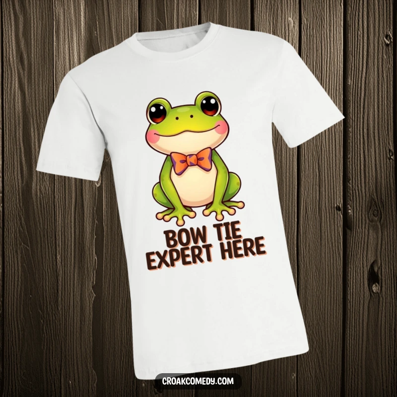 Funny delighted frog wearing a small, colorful bow tie, printed on a t-shirt, ideal for humorous and stylish individuals.