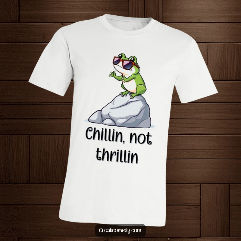 Funny frog sporting stylish sunglasses, perfectly balanced on a rock, embodying cool confidence on this t-shirt.