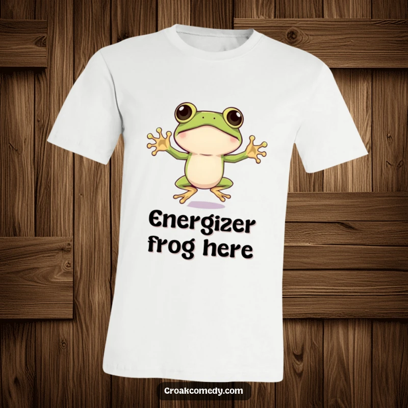 Funny Frog T-Shirt: An energetic frog with huge eyes captured mid-jump jack, radiating fun and activity, ideal for a funny gift.