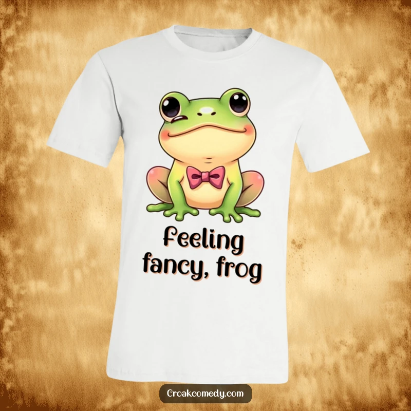 Funny Dapper Frog T-Shirt depicting a playful frog with a bow tie, winking coyly, stylish and humorous apparel.