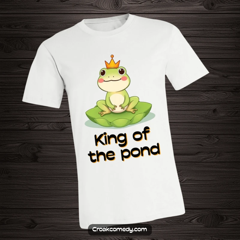 Funny Frog T-Shirt: A cheerful frog wearing a tiny crown, majestically riding a lily pad, exuding kingly vibes, a funny gift.