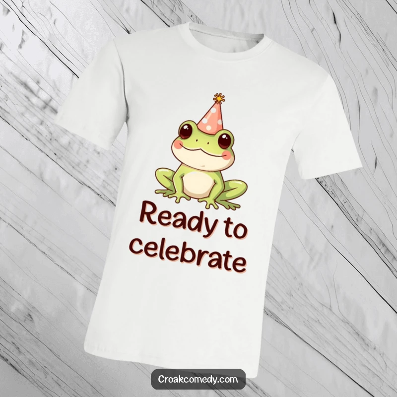 Funny T-Shirt: A happy frog adorned with a tiny party hat, embodying festive cheer and a humorous, celebratory mood.