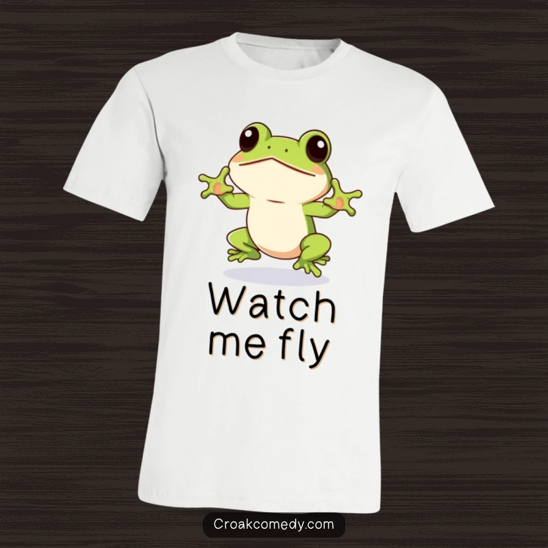 Funny Frog T-Shirt depicting an eager frog winking, captured mid-preparation for a great leap, full of athletic humor.