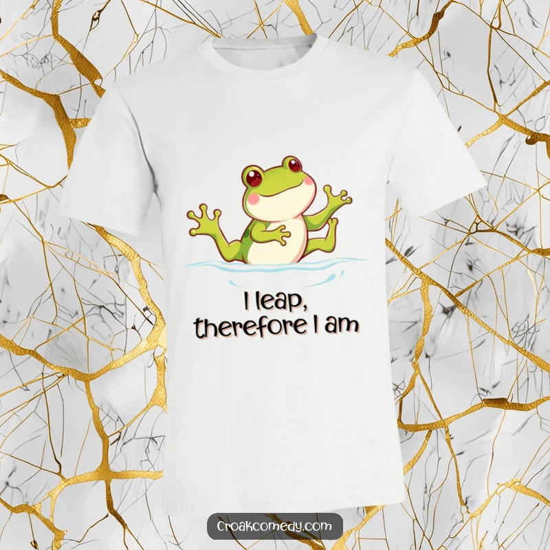 Funny frog t-shirt, a happy frog energetically kicking legs while swimming, displaying a cheerful and carefree attitude.