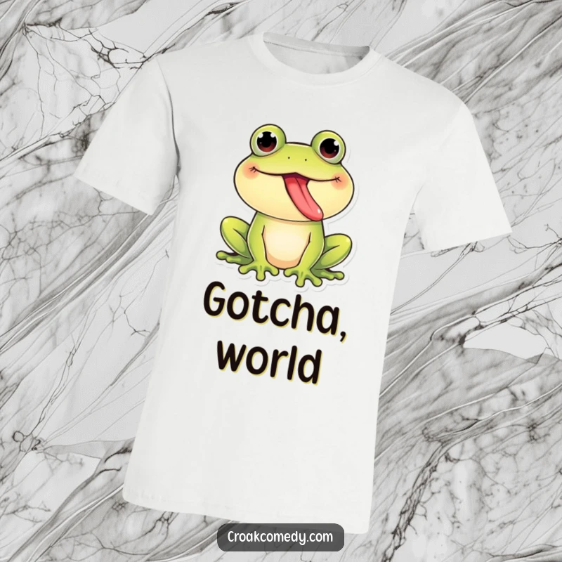 Funny Frog T-Shirt: A cheerful frog giggling and sticking its tongue out in a playful, cheeky manner, perfect for a funny gift.