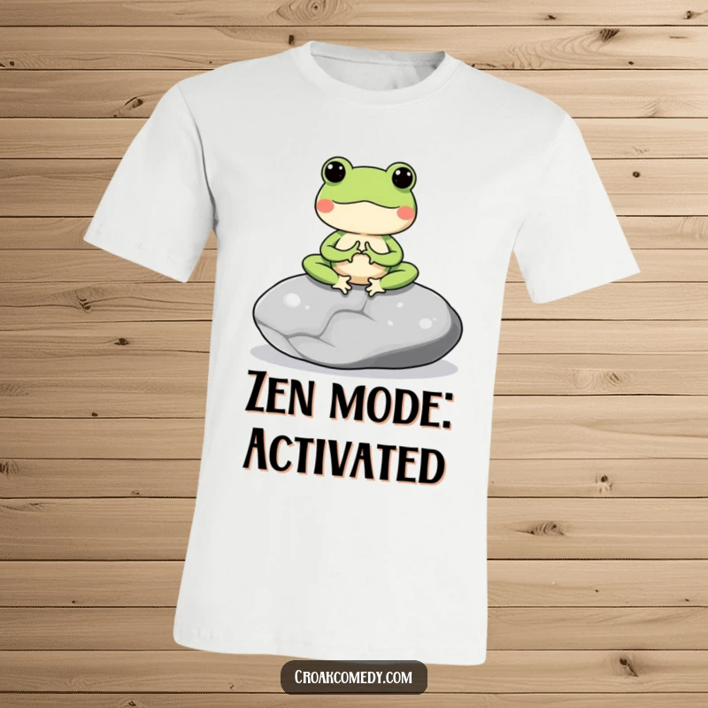 Funny t-shirt featuring a meditating frog character seated on a smooth stone, embodying peacefulness and relaxation.