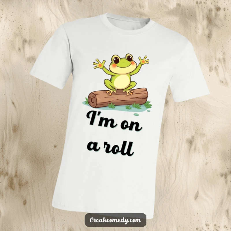 Funny frog with webbed feet energetically dancing on a log, radiating cheerful vibes and a love for a good boogie.