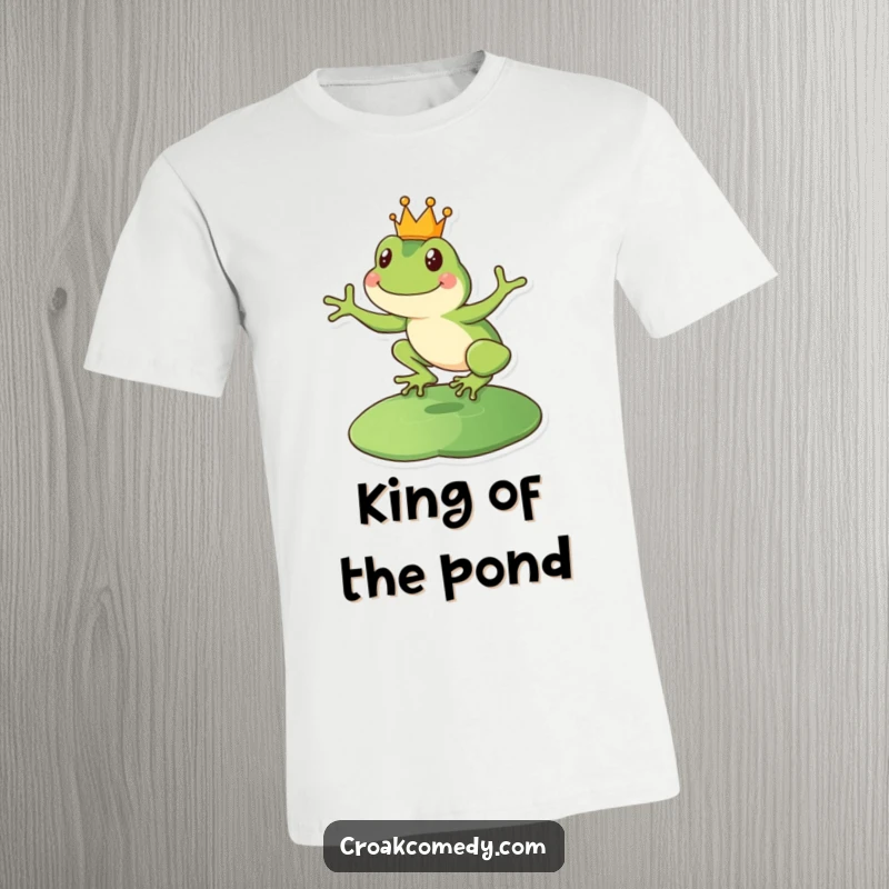 Funny happy frog t-shirt featuring a crowned amphibian mid-leap onto a lily pad.